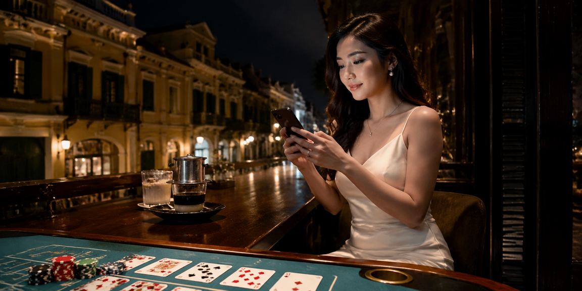 Người dùng tại Hà Nội ngồi cà phê theo dõi bàn Baccarat và kiểm tra ví khuyến mãi trên điện thoại
